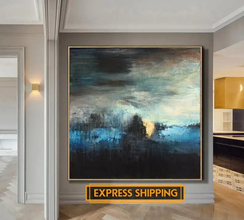 Oversize Painting Blue Painting Abstract Black Painting Texture Canvas Art Abstract Painting On Canvas Living Room Wall Art