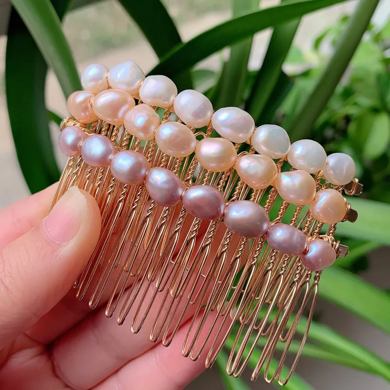 Elegante joyería para el cabello de perlas naturales de agua dulce, accesorios para el cabello nupciales de boda, peines de perlas barrocas de color blanco púrpura, Clip francés