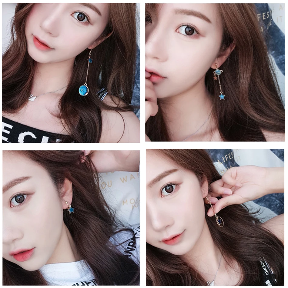 Korea Style Asymmetrical Fresh Enamel Blue Star Moon Planet  Circle Clip on Earrings Non Pierced For Girl Women Party Gift image 2