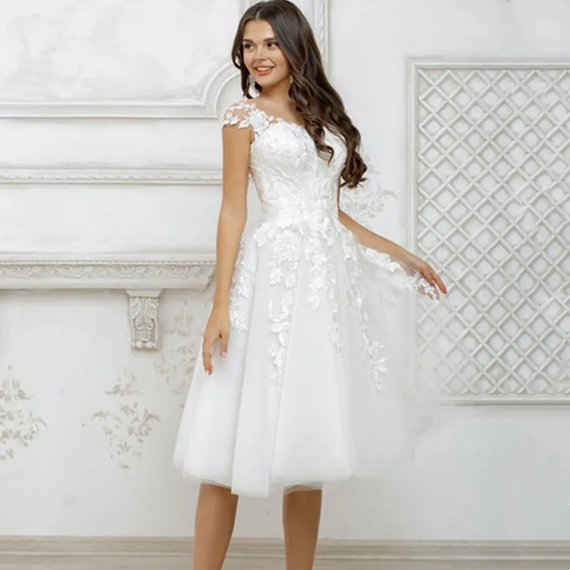 LoveDress eleganckie aplikacje koronkowe z dekoltem w szpic krótka suknia ślubna w kształcie litery A suknia ślubna księżniczka 2023 tiule Vestido De Noiva