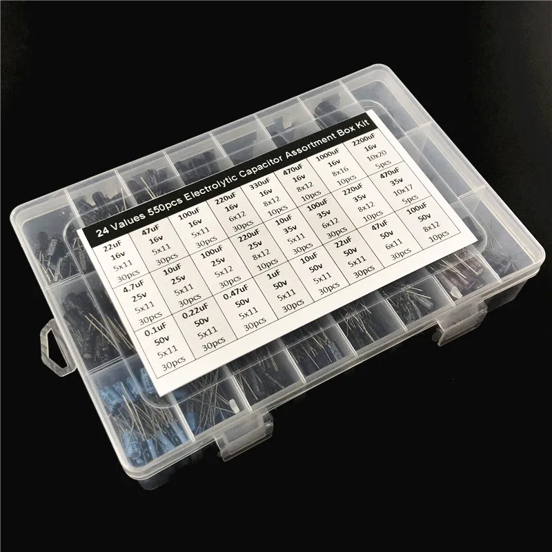 24 values 550pcs 16V/25V/35/50V (0.1uF to 2200uF) mix Electrolytic capacitor Assorted kit with storage box