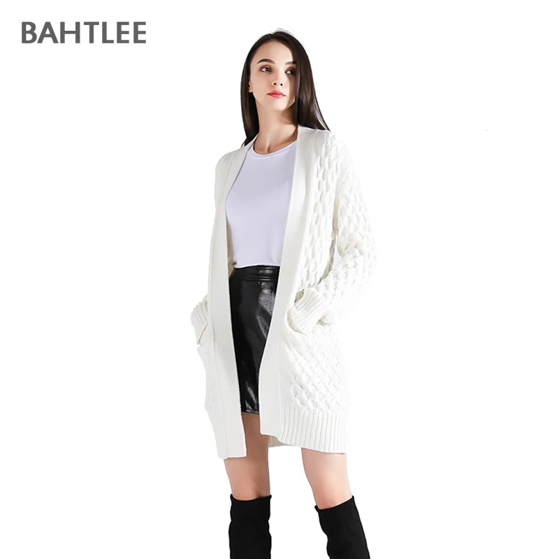 BAHTLEE-White Wool Cardigans for Women, Knitted Sweater with Pockets, V-Neck, Long Sleeves, Jacquard Process, Thick,  Winter