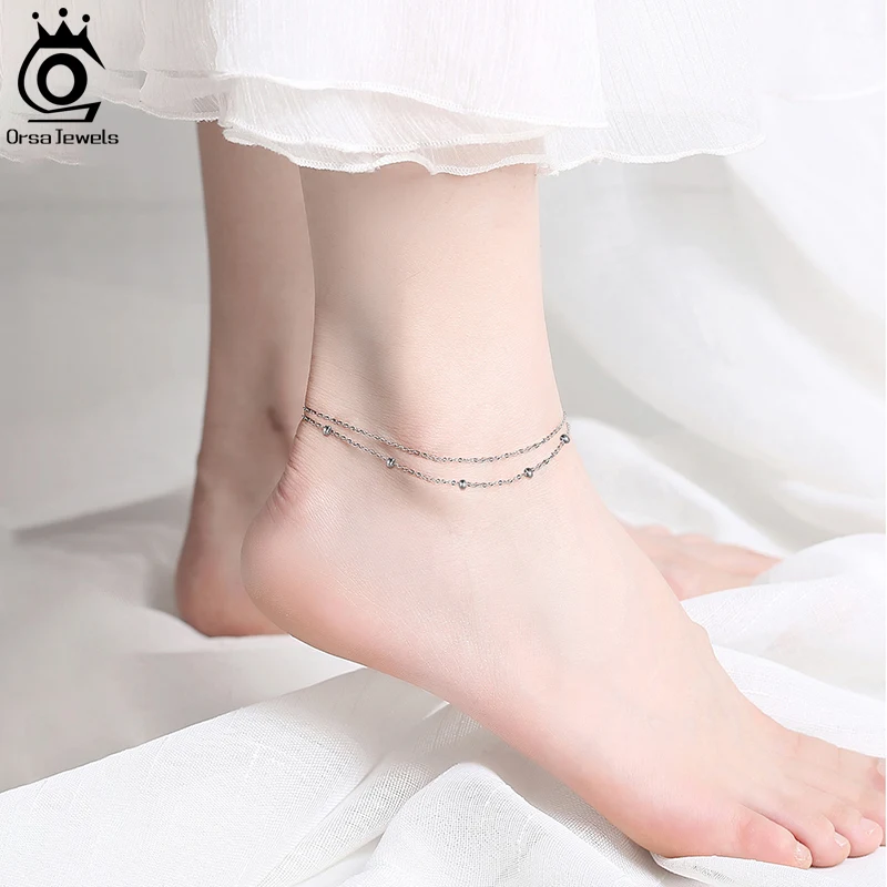 ORSA JEWELS Layered 1mm Satellite Chain Anklet 925 Silver Women Summer Foot Chain Bracelet Fashion Ankle Straps Jewelry SA14