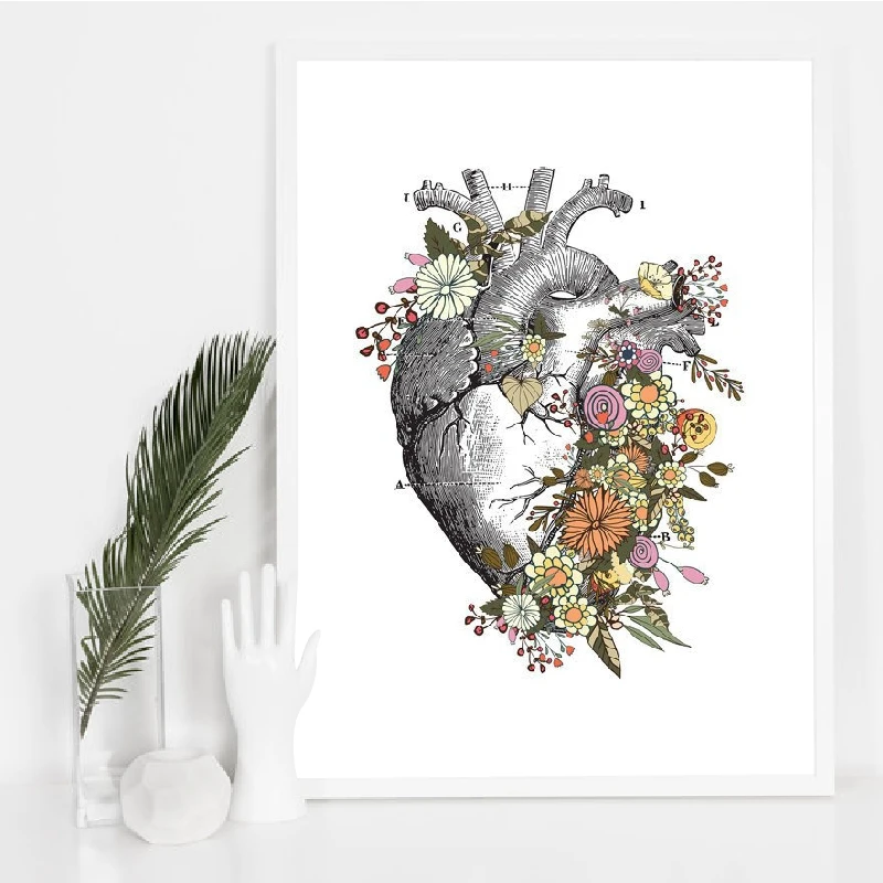 Vintage Anatomy Floral Heart Brain Wall Art Canvas Painting Retro Posters and Prints Wall Pictures Medical Doctor Clinic Decor