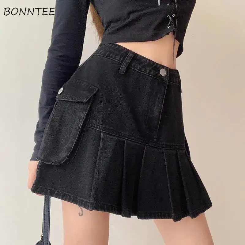 Saias femininas dobras denim mini sexy kawaii streetwear estilo coreano chique casual a linha do vintage moda harajuku doce meninas