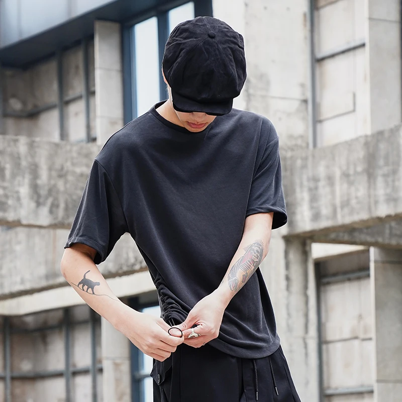

Men's new dark Japanese hemline drawstring design Yamamoto style casual loose short sleeve T-shirt