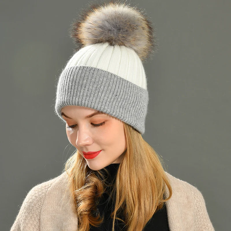 Jxwatcher Women Winter Fur Ball Cap Cashmere Hats Beanie Cap Woman Female Warm Rabbit Fur Blend Knitted Fur Ponpon Hat Caps