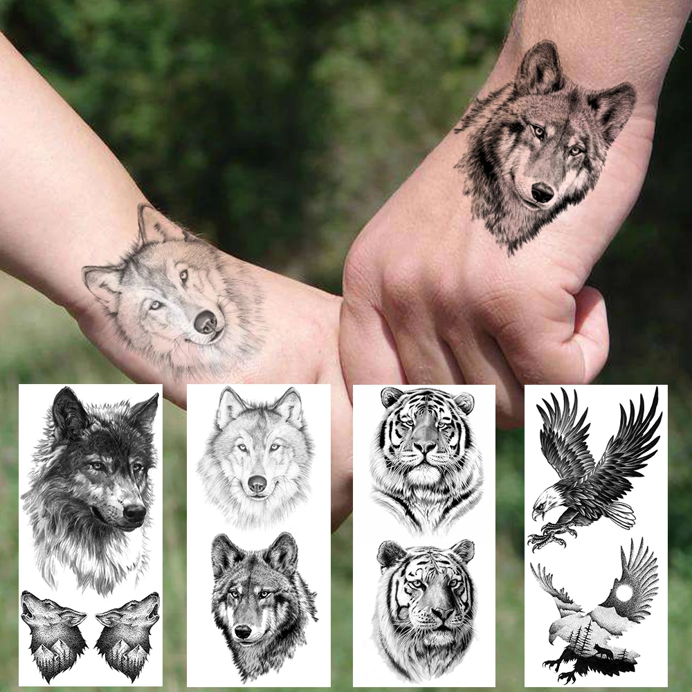 Tatuajes temporales de águila negra para hombres y mujeres, pegatina de tatuaje de Coyote realista, Tigre, Lobo, boceto de montaña creativo, manos