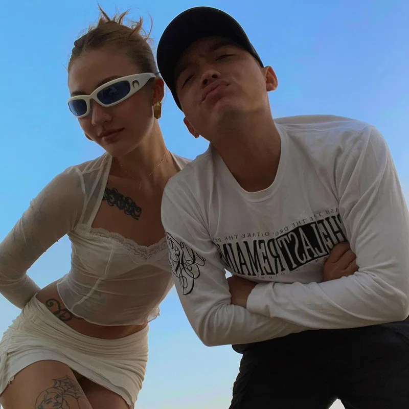 Mode Y2K Kanten Trim Mesh Crop Tops Jaren '90 Esthetiek Patchwork Vierkante Hals Lange Mouw Wit Sexy Tees Zomer T-shirts