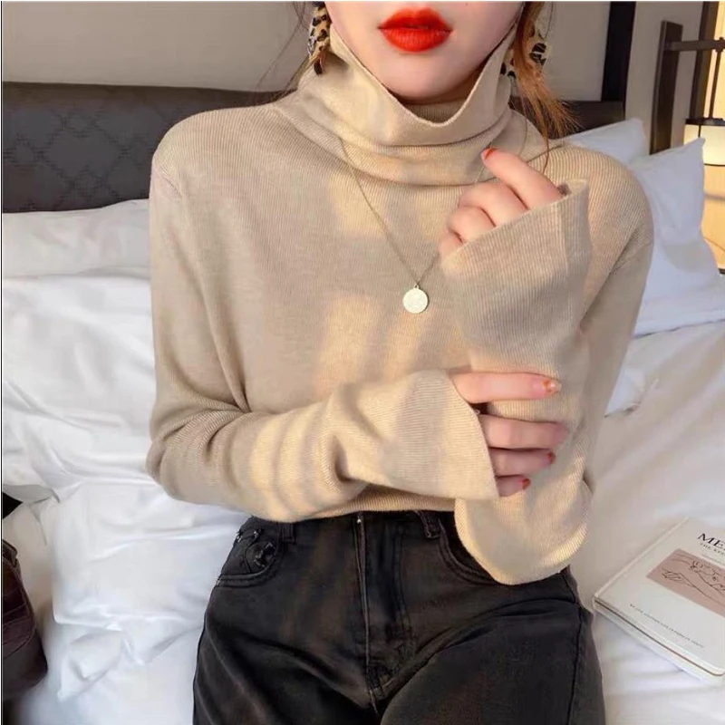 

Turtleneck Women Sweater 2021 Autumn Winter Korean Fashion Solid Basic Tops Slim Pullover Soft Thin Knit Sweaters Long Sleeve