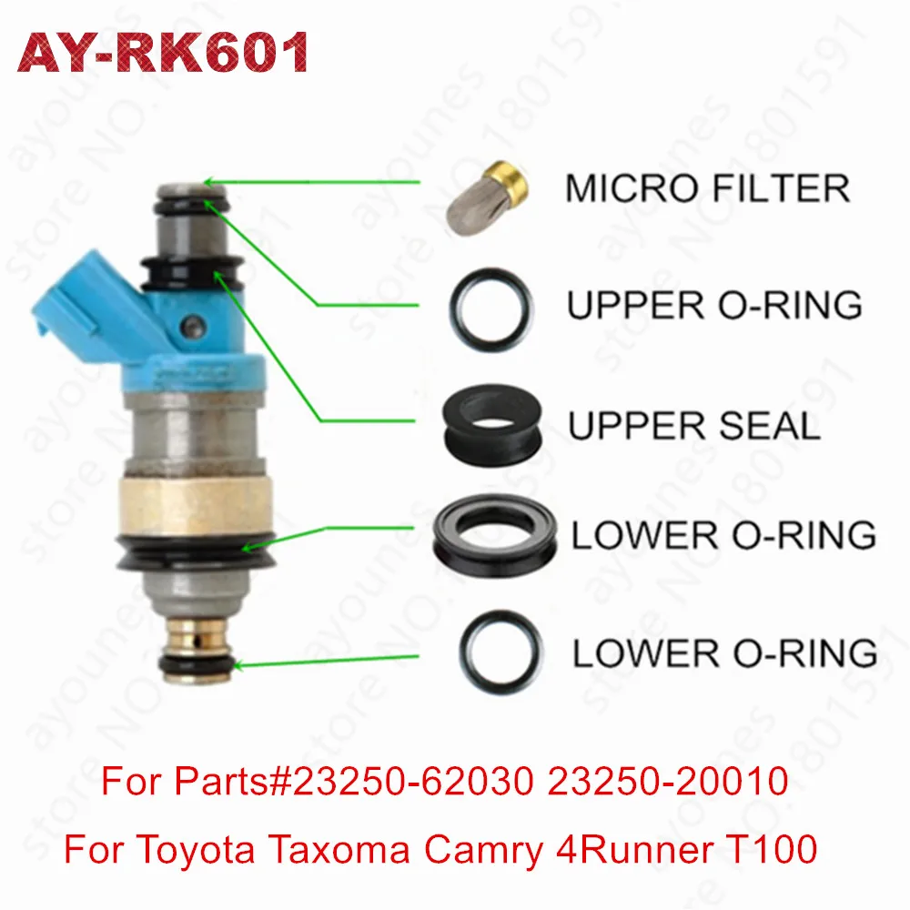 

6 комплектов, оптовая продажа для Lexus ES300 23250-62030, ремонтные комплекты топливных форсунок, фильтр топливной форсунки, резиновые уплотнения Oring для AY-RK601