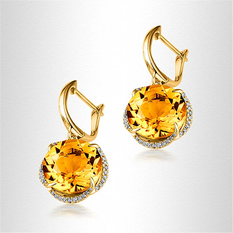 Fashion flower yellow crystal citrine gemstones diamond drop earrings for women 18k gold color jewelry brincos accessories gifts