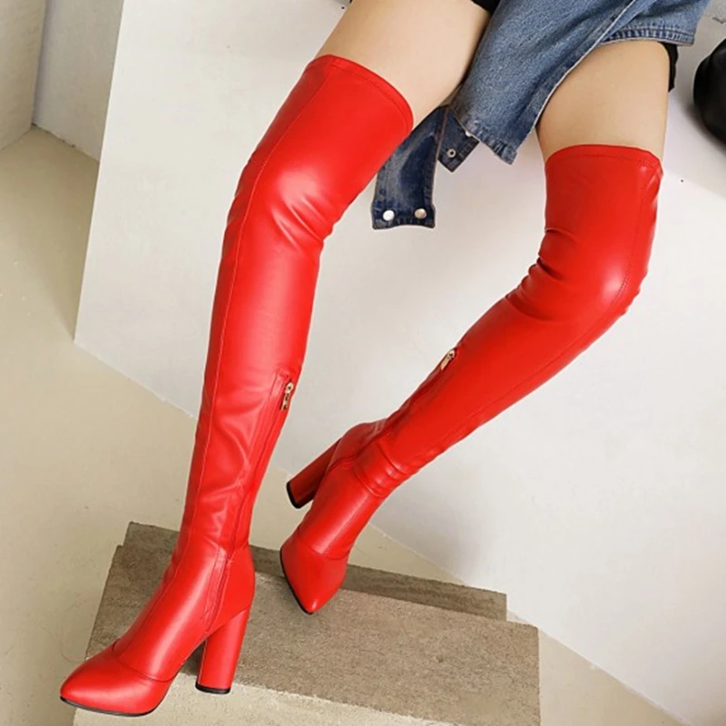 

Skintight Long Leg Over Knee High Boots Winter Basic Shoes Women High Chunky Heel Fashion Thigh High Boots Big Size 49