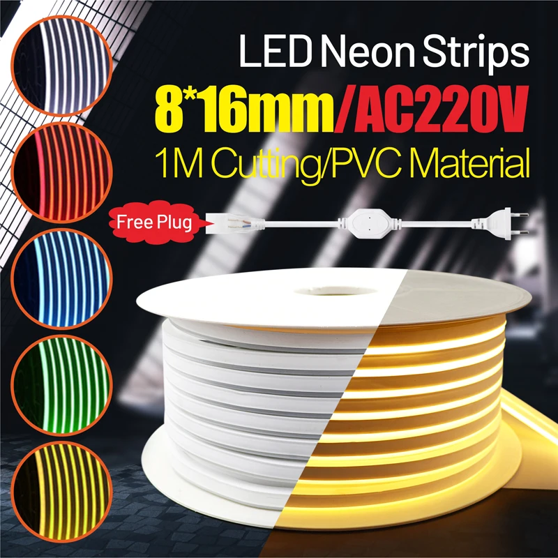 

DIY Christmas Holiday 8mm Narrow Neon light 220V LED Strip 2835 120LEDs/M Flexible Rope Tube Waterproof IP65 red blue green