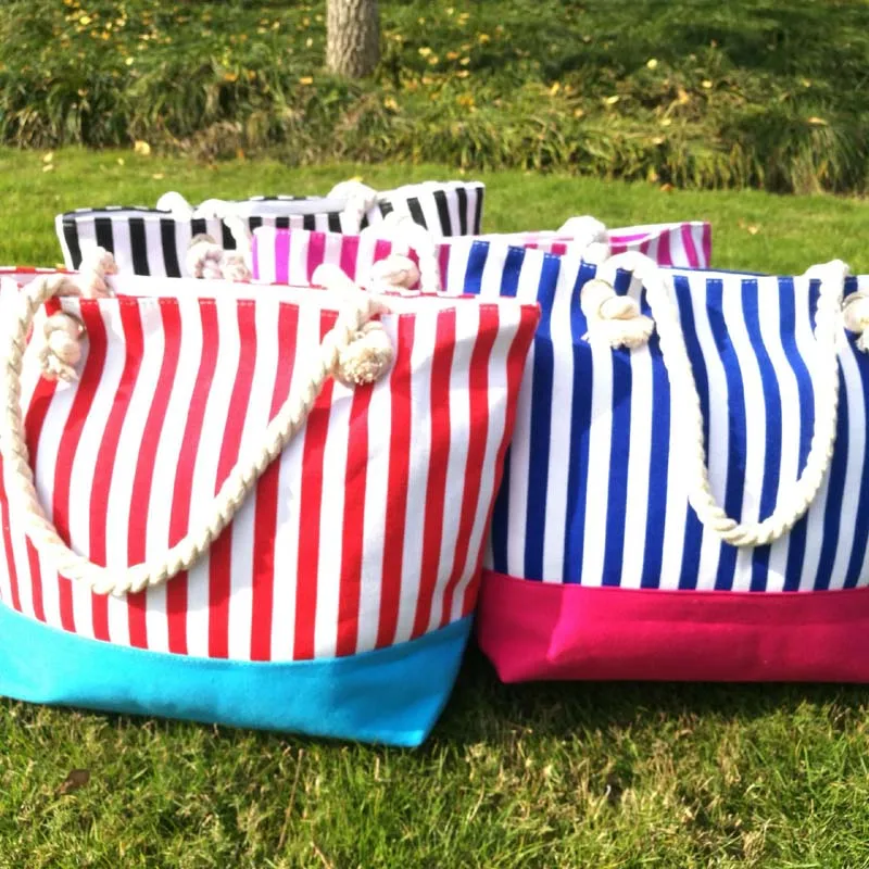 

DHL10pcs New Colorful Stripes Beach Bags Women Canvas Large Capacity Totes Shopping bags outdoor summer