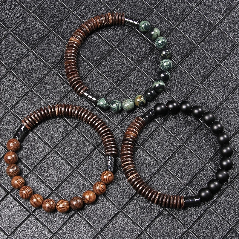 Natural Stone Round Beads Coconut Wood Flake Bracelets Bloodstone Lava Stone Wooden Bead Male Bracelet Unique Style For Men Gift