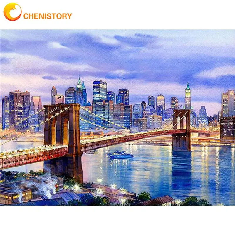 CHENISTORY Diy Framed City Bridge Night Scenery Painting By Numbers For Adults Unique Gift Paints Kits Home Wedding Room Decor