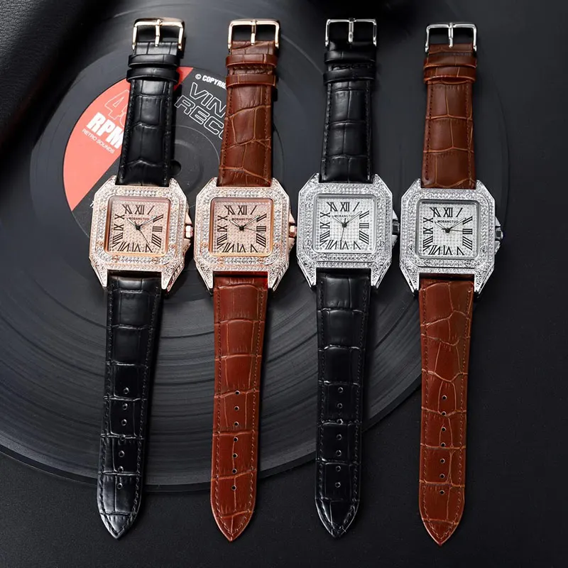 Rose Gold Top Brand Luxury Watch Women Quartz Waterproof Fully Diamond Ladies Watch Square Couple Watches With Rhinestone Men