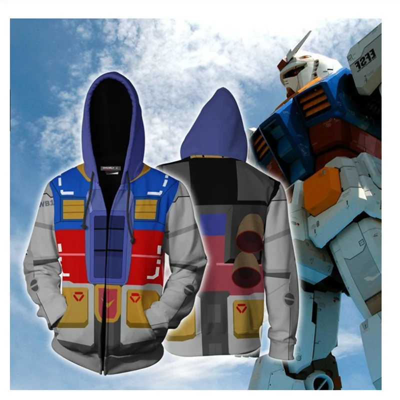 Gundam Hoodies Cosplay Style 3D Printing Men's Casual Zipper Hooded Sweatshirt Fashion Halloween Pullover Male Trendy Hoodie