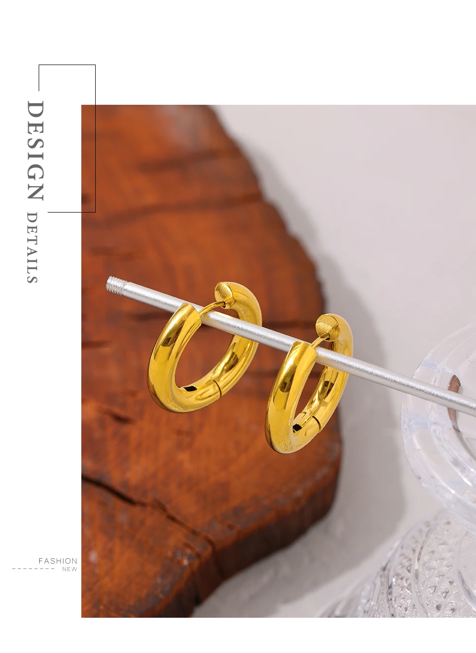 Yhpup Edelstahl-Schmuck, minimalistisch, rund, hohl, Creolen, Charm-Gold, 18 Karat vergoldet, Metall, wasserdicht, Temperament – Detail 9