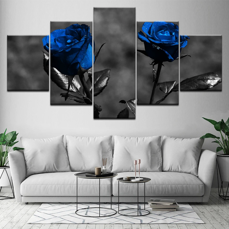 Poster Modular Pictures Canvas 5 Pieces Blue Roses Flowers Paintings Modern Art Framed Decor For Living Room Wall Home HD Prints