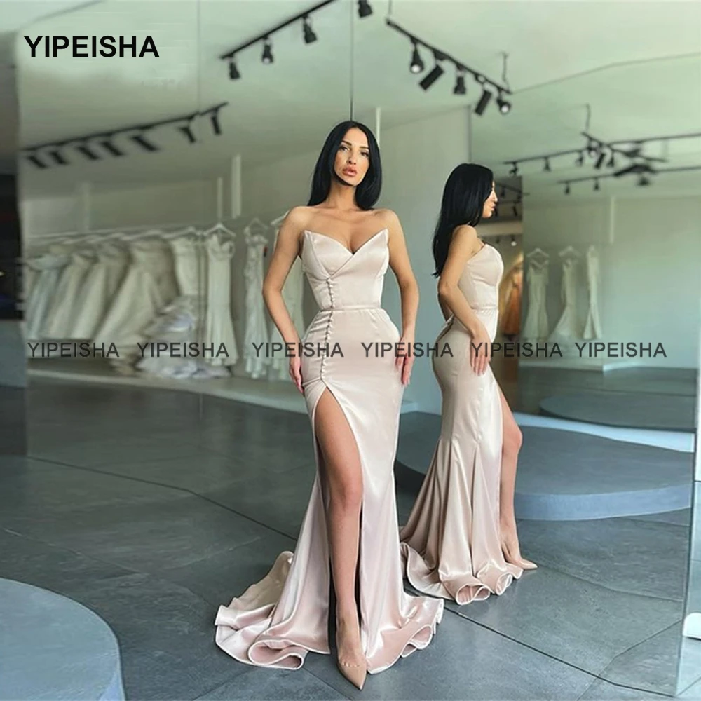 Yipeisha Sexy Side Slit Long Bridesmaid Dress Sweetheart Button  Wedding Party  Formal Celebrity Maid of Honor Gowns