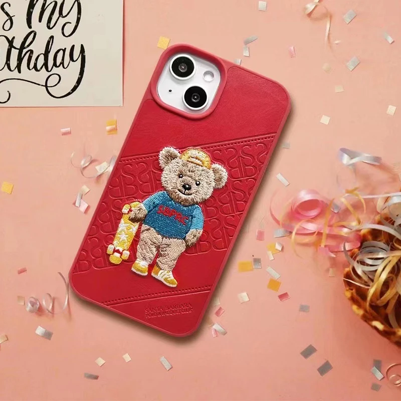 3D Embroidered Cute Cat Wolf Tiger Bear Leather Phone Case For iPhone 14 Pro Max Protective Cover For iPhone 13 Pro Max 13 Pro