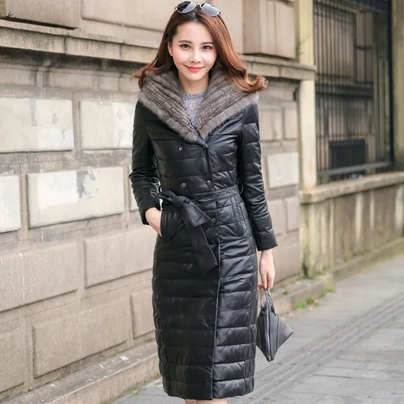 Hooded Sheepskin Long Leather Jacket Women Warm Faux Mink Fur Collar Solid Black Belt Plus Size Coat Female Fashion Winter