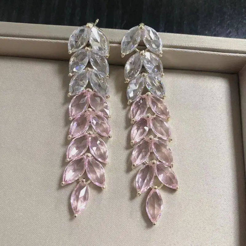 Bilincolor Long Pink Cubic Zirconia Green Leaf Drop Earrings