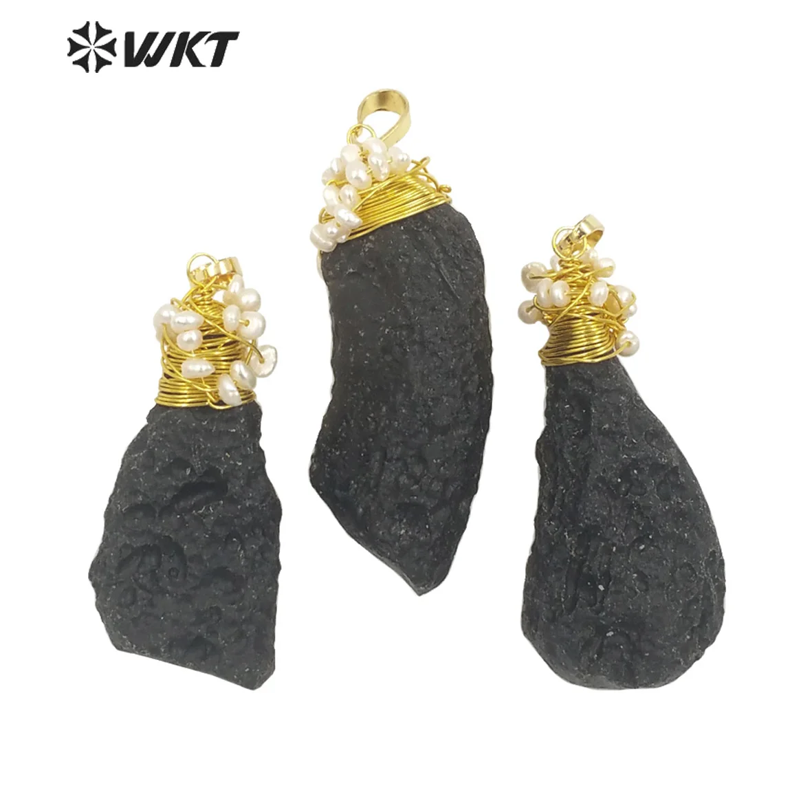 

WT-P1770 New Raw Black Stone Vintage Antique Black Meteorite with Mini White Pearls Pendants Jewelry Necklace Earrings Fashion