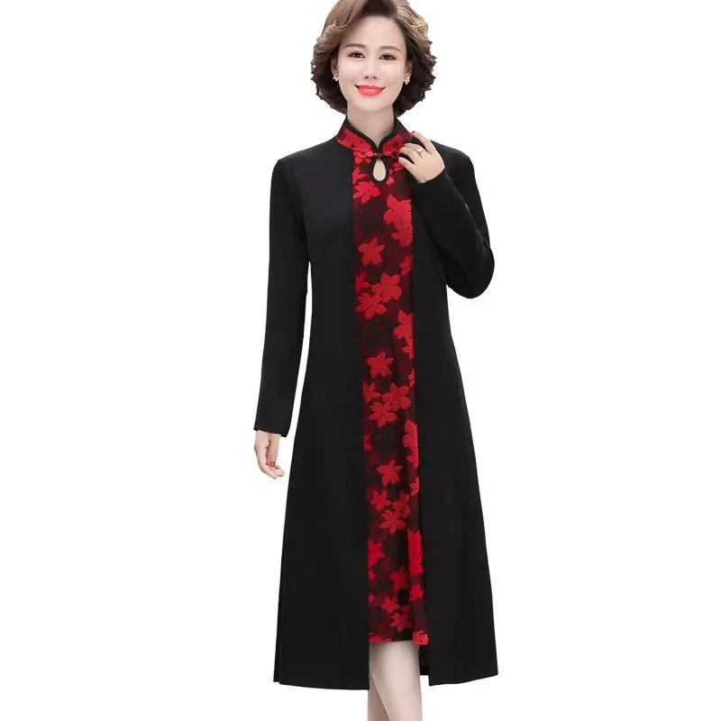 New Year Chinese Party Dresses Vintage Floral Print Fake two Midi Dress Cheongsam collar Women long Dress