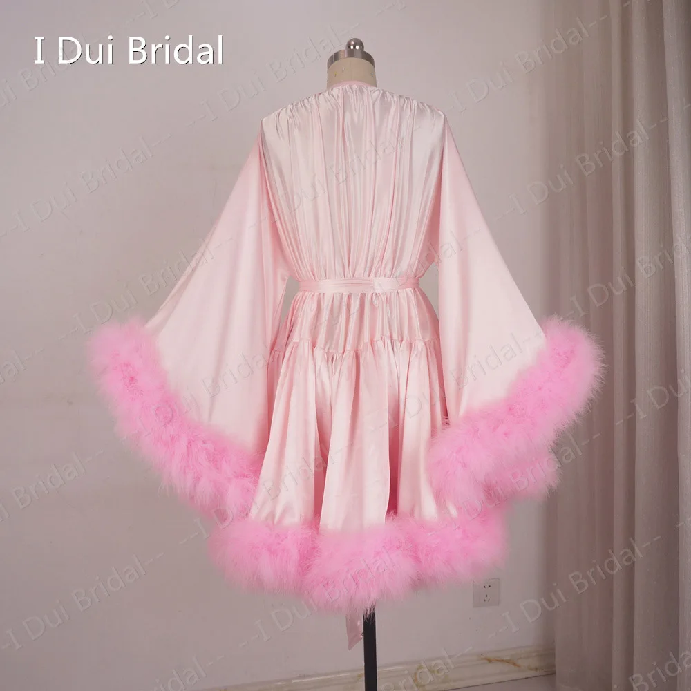 Short Satin Marabou Robe Bachelorette Dress Long Sleeve Night Masquerade Dance Dress Homecoming Wedding Gift Boudoir Pajamas