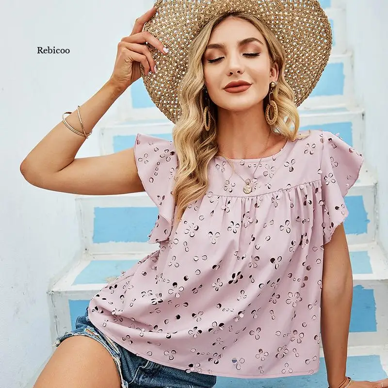 

Women Fashion Short Ruffle Sleeve Hollow Out Top and Blouse Elegant Ladies Clover Floral Summer Short Sleeve Tops