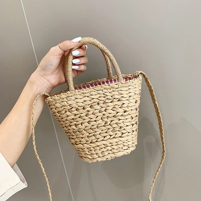 Handmade Women Handbag Summer Beach Vacation Straw Bag Rattan Weave Basket Female Bucket Shoulder Crossbody Bag Bohemian Tote