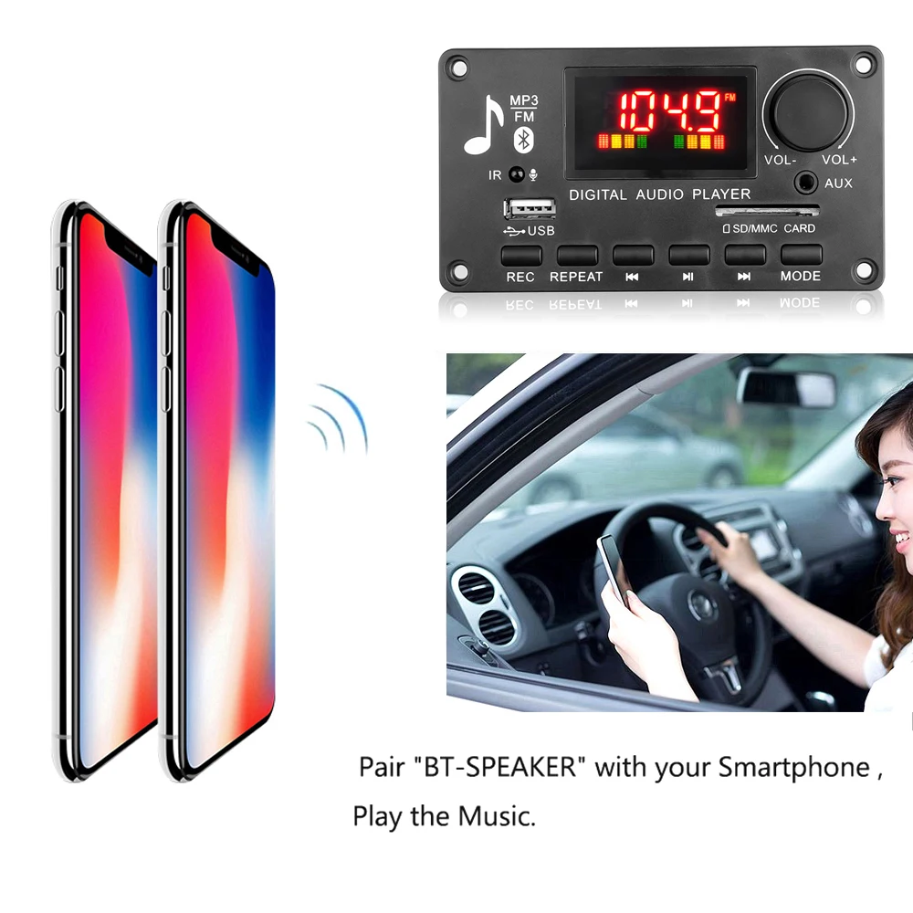 2x40W Amplifier 5V-26V MP3 Player Bluetooth 5.0 Decoder Board Car FM Radio Module Support TF USB AUX 3.5 WAV Call Recording