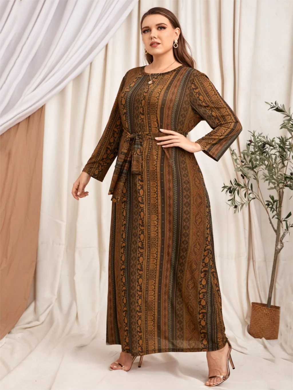 Winter Dress Women 2024 Female Long Sleeve Striped Retro Printing Vintage Dress Plus Size Loose Large Abaya Dubai Turkey Dress