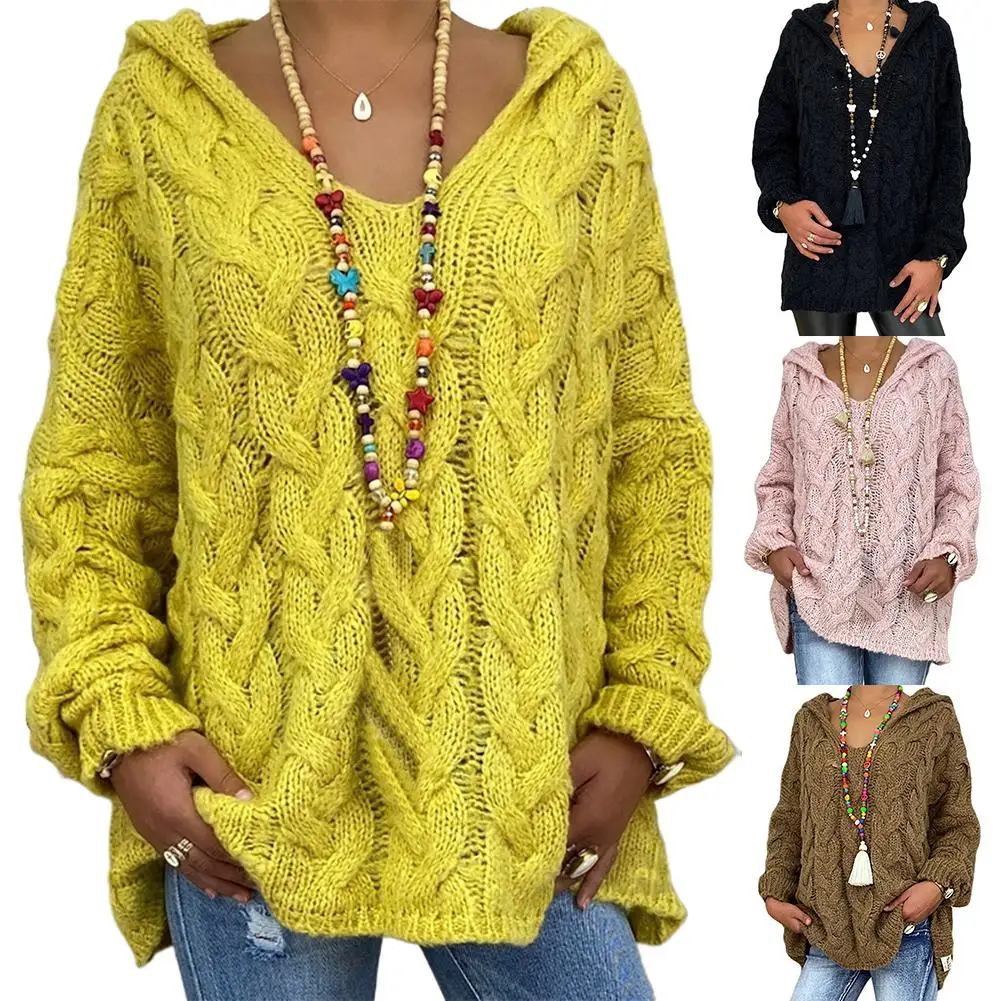 Donne autunno tinta unita manica lunga intrecciato Pullover con cappuccio maglione lavorato a maglia Design intrecciato con cappuccio maglione