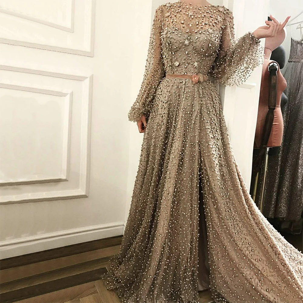 Luxury Full Crystal Beads Pearls Prom Dresses 2022 O Neck Full Sleeves Wedding Party Formal Evening Gowns Customize robes de