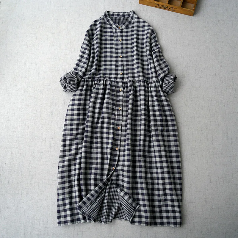 Spring Autumn Women Loose Vintage Brief All-match Japan Style Plaid Comfortable Water Washed Double Layer Cotton Shirt Dresses