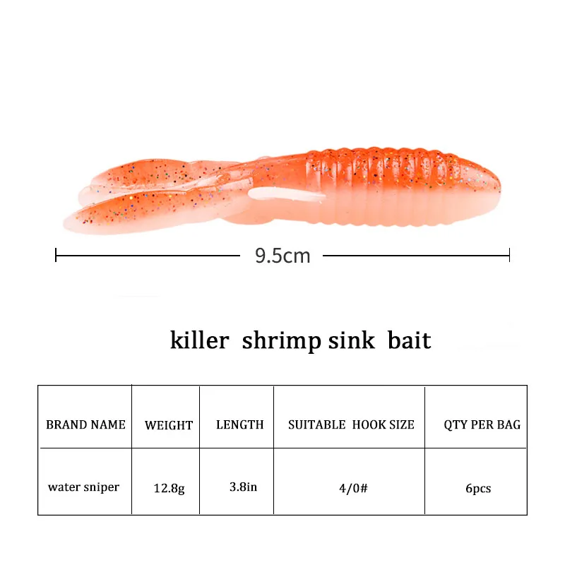 WATER SNIPER 95mm 12.8g Sinking Fishing Shrimp Soft Baits Smell With Salt Silicone Artificial Bass Fishing Lure