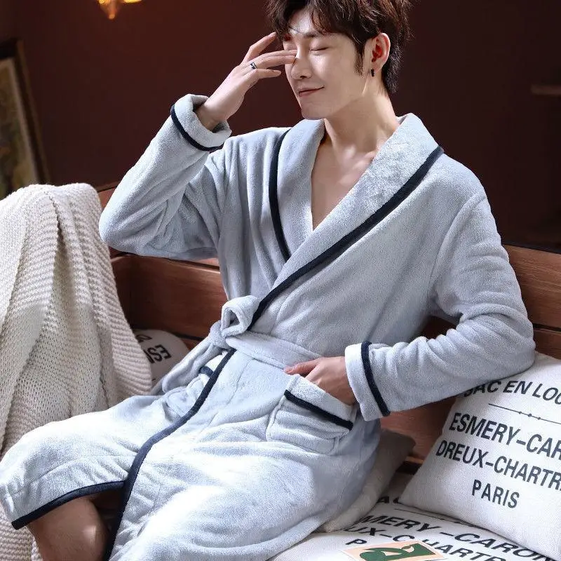 Men Kimono Casual Bathrobe Autumn Winter Flannel Long Robe Thick Warm Sleepwear  3XL Nightgown Male Casual Home Wear