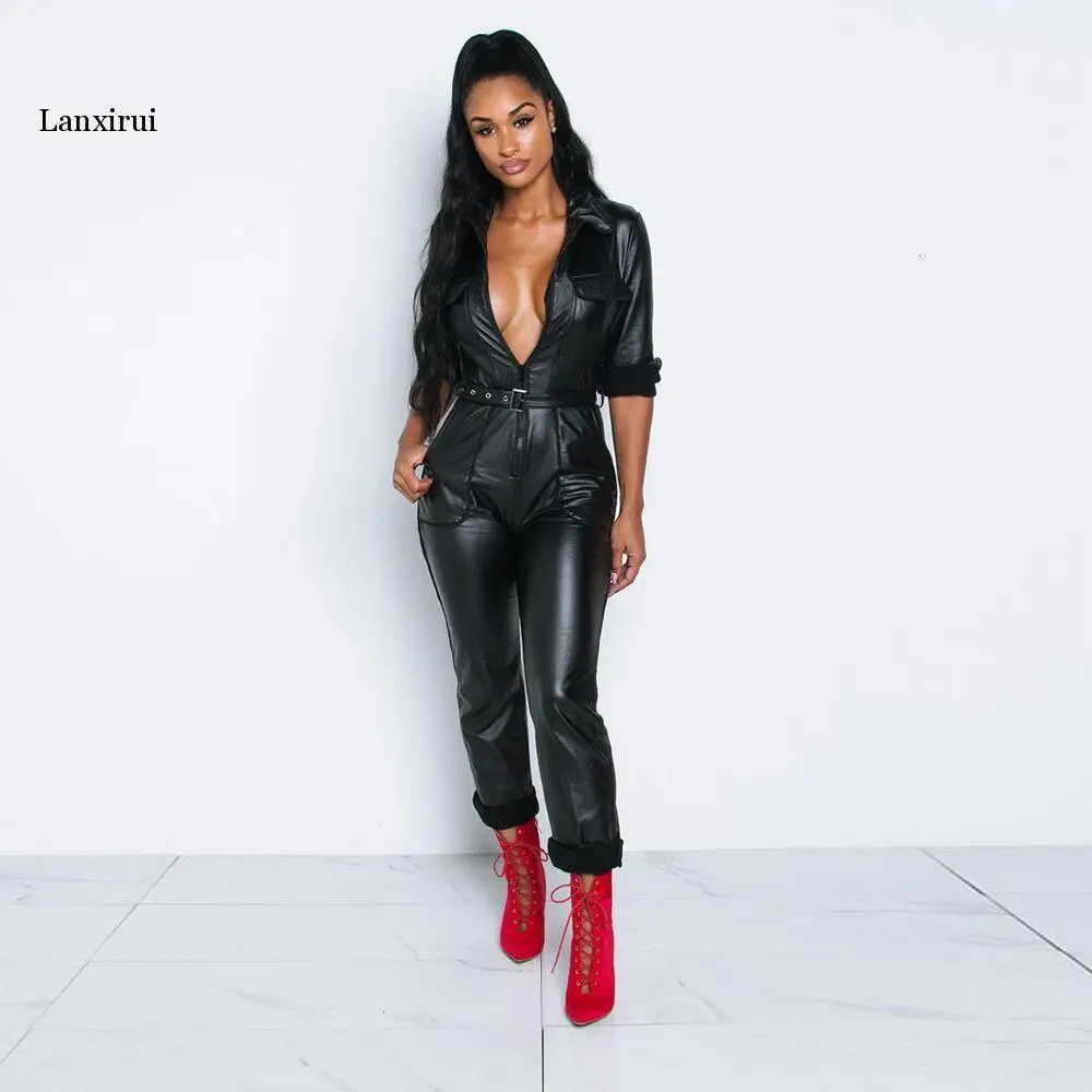 Women Faux Leather Jumpsuit Long Sleeve Pu Deep V Jumpsuit Bodycon Zipper Party Jumpsuit With Belt