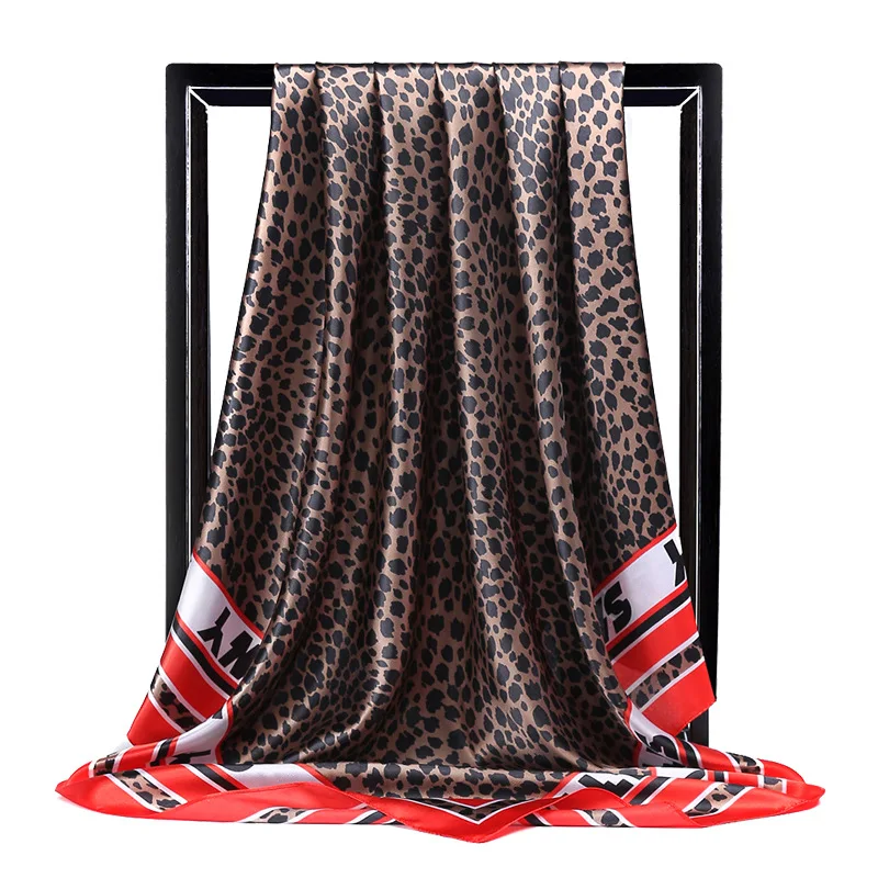 Fashion Leopord Pattern Silk Fabrics Silk Scarves Muslim Women Head Cover 90cm Bandana Printed Scarf Sun-resistant Shawl poncho