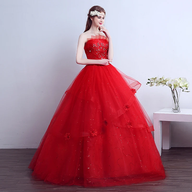 AnXin SH Flower Red lace vintage tube top princess strapless beading crystal sleeveless lace up customized wedding dress