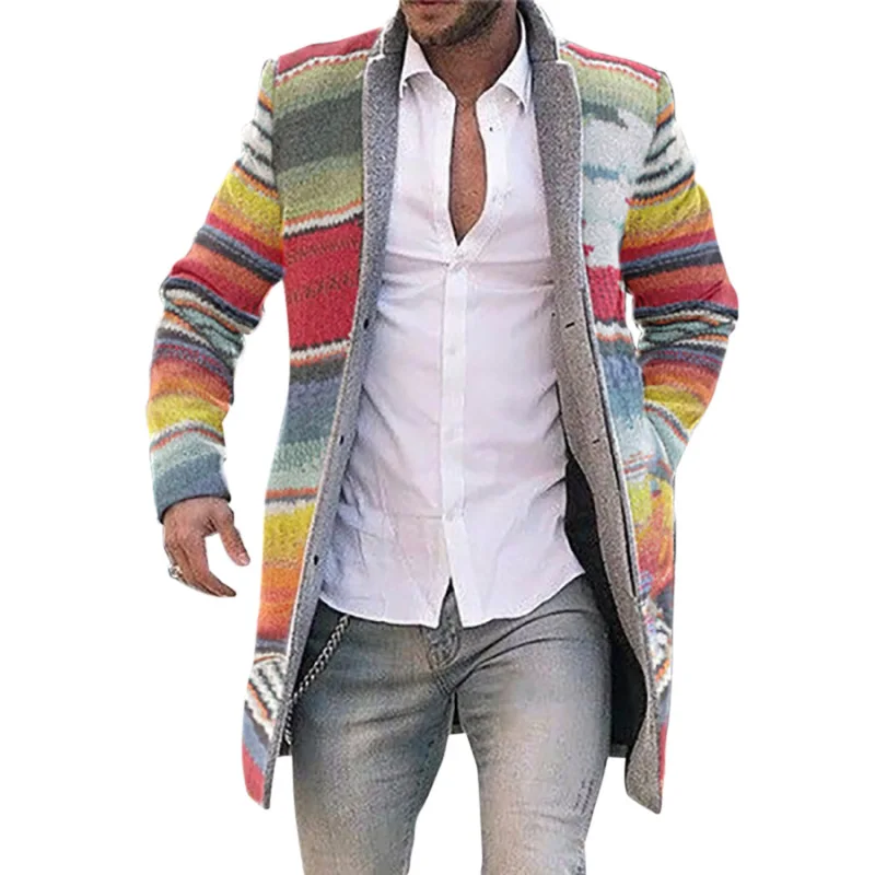 Men's Woolen Windbreaker Designer Rainbow Print Single-Breasted Jacket 2020 Male Brand Outwear Long Sleeves Luxury Mid-Long Coat