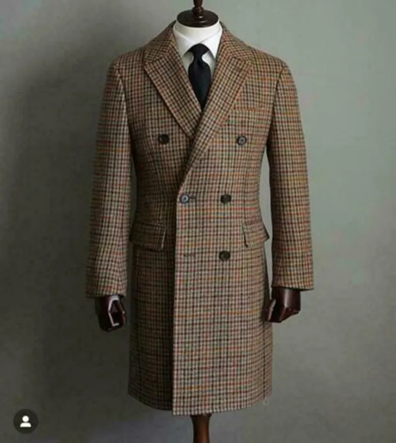 Winter Men Wool Houndstooth Overcoat Double-breasted Six Button Warm Long Coat Formal Tailored