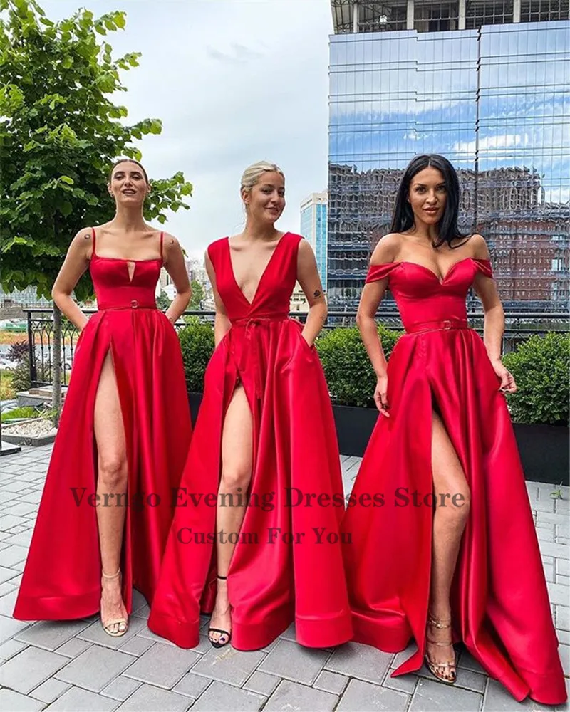 Verngo novo 2021 vermelho cetim longo vestidos de dama de honra simples vestidos de festa de casamento com bolsos fenda estilo misto vestido de dama de honra