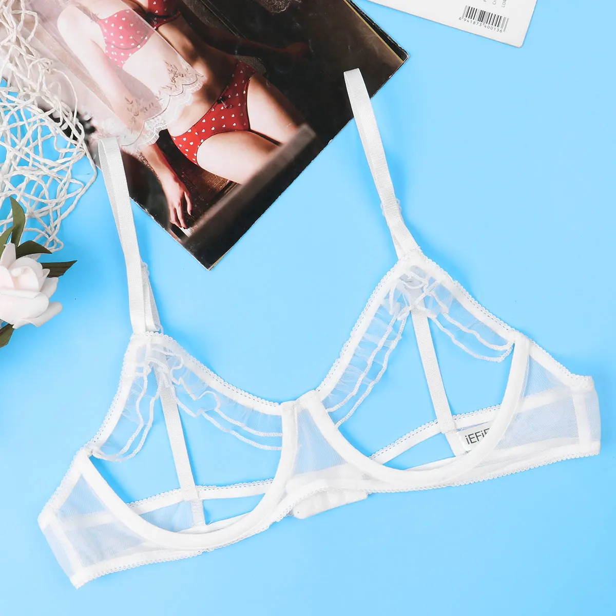 Womens Lingerie Spaghetti Straps Erotic Underwired Open Bras See Through Sheer Mesh Bralette Sexy Open Cup Ruffled Shelf Bra Top