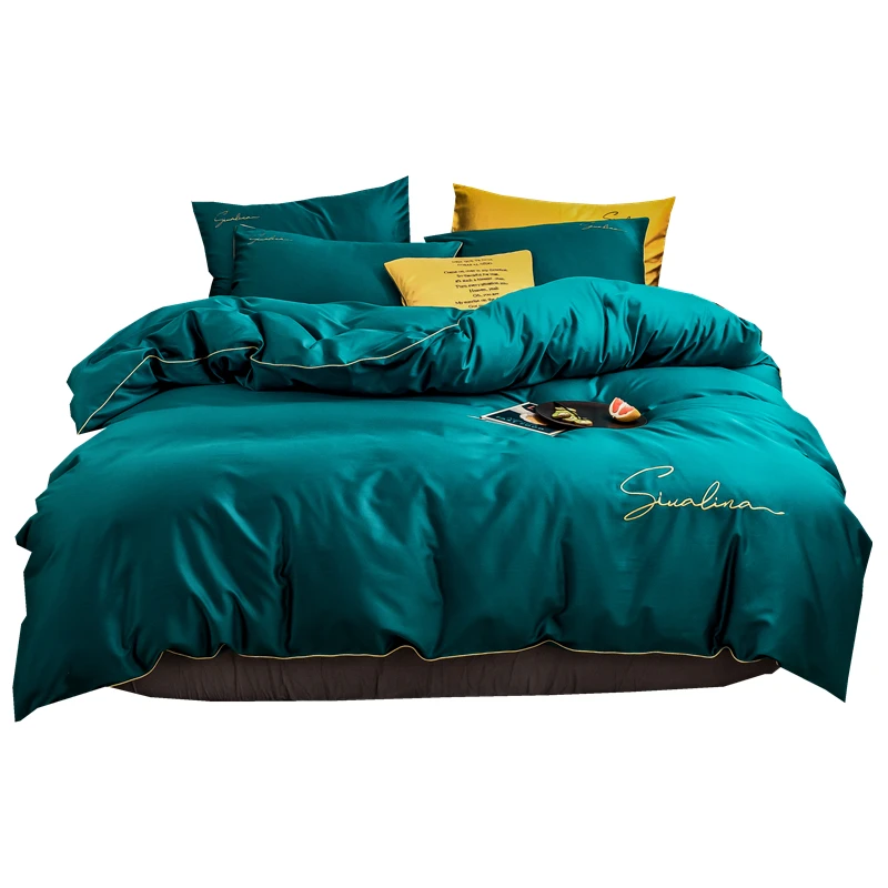 

2021 Four-piece bedding simple cotton double household bed sheet quilt cover embroidered piping comfortable bedding bright green