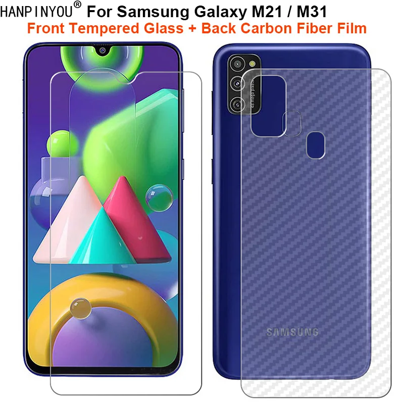 For Samsung Galaxy M21 / M31 / Prime 6.4“ 1 Set = Soft Back Carbon Fiber Film + Premium Tempered Glass Front Screen Protector